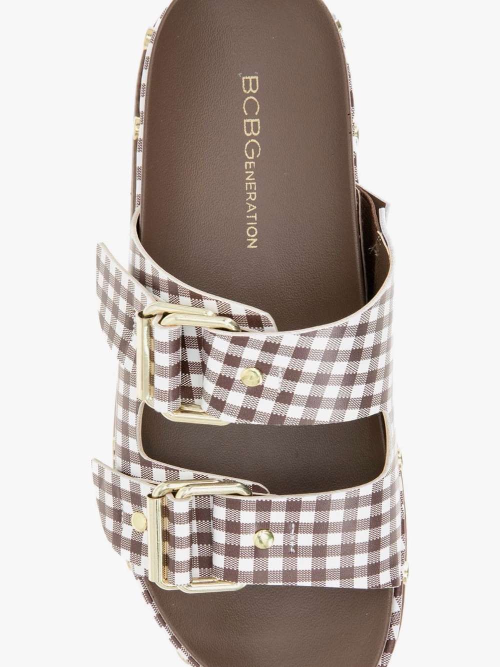BCBGeneration Brown and White Gingham Buckle Slide Sandal